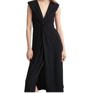 Mango MNG Black‎ Twist Wrap V Neck Sleeveless Midi Dress Slit size 2